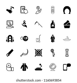 Hand icon. collection of 25 hand filled and outline icons such as milk can, overcoat, head bang emot, horseshoe, pointer on display. editable hand icons for web and mobile.