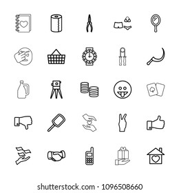 Hand icon. collection of 25 hand outline icons such as mirror, money on hand, paper towel, theodolite, pliers, money. editable hand icons for web and mobile.