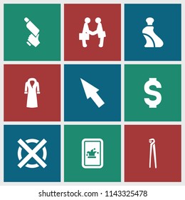 Hand icon. collection of 9 hand filled icons such as cream tube, overcoat, pliers, nail gun, businessman shaking hands, pointer. editable hand icons for web and mobile.