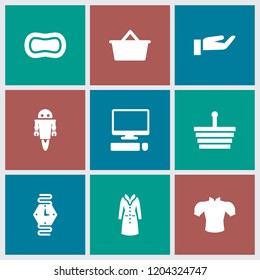 Hand icon. collection of 9 hand filled icons such as blouse, overcoat, shopping basket, wrist watch, shopping bag, soap. editable hand icons for web and mobile.