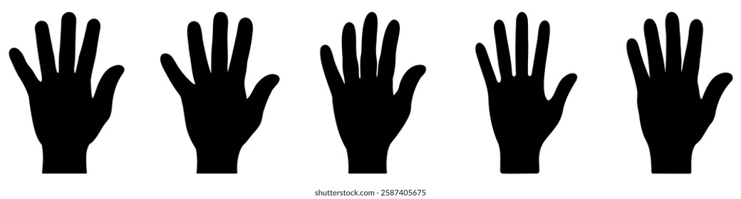 Hand icon. Collection of black and white icons of human hand palm isolated on white background. Vector illustration