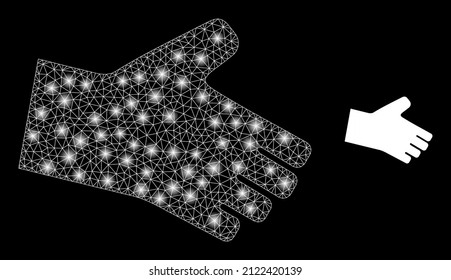 Estructura de la malla de la red del icono de mano y de la constelación con manchas luminosas brillantes. La constelación iluminada se genera a partir del icono del vector de mano y de la malla poligonal. Mano del cuadro brillante,