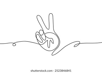 Hand icon. Continuous line art drawing.Illustration of two hand doodle fingers in continuous lines.  Peace symbol line art decorative design