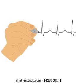 Hand icon. Hand draws a cardiogram with a marker. Isolated object. Vector illustration.