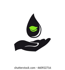 hand icon with drop of eco petrol - vector illustration