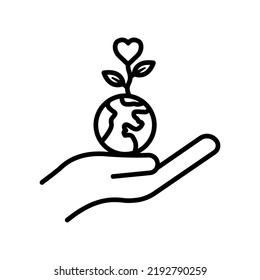 Hand icon with earth and heart plant. icon related to charity, affection, love. Line icon style. Simple design editable