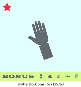Hand icon flat. Grey pictogram on blue background. Vector illustration symbol and bonus buttons medal, cow, earth, eye, calculator