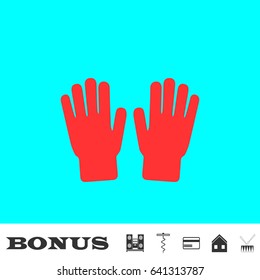 Hand icon flat. Red pictogram on blue background. Vector illustration symbol and bonus buttons Music center, corkscrew, credit card, house, drum