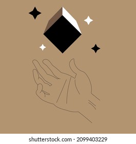Hand icon with a four-sided cube with multi-colored edges. The concept of originality and creativity. For logos and banners. Vector illustration. Abstraction on a brown background.