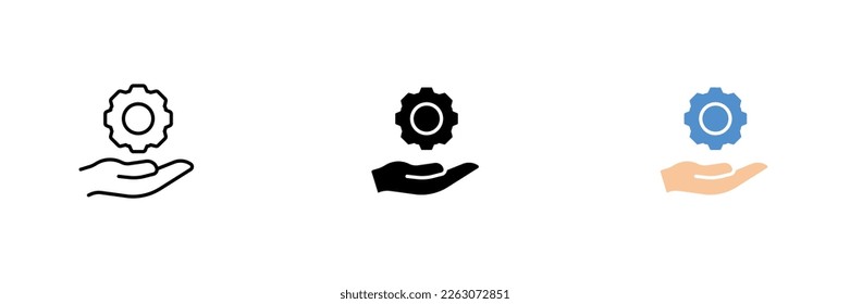 Hand icon with gear. Automation of processes, reducing the influence of the human factor in production. Vector set of icons in line, black and colorful styles isolated on white background.