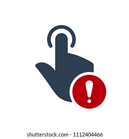 Hand icon, gestures icon with exclamation mark. Hand icon and alert, error, alarm, danger symbol. Vector illustration
