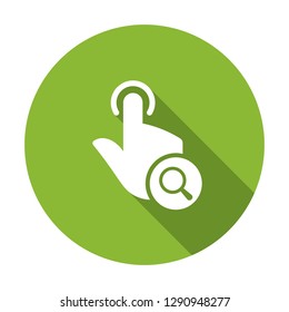 Hand icon, gestures icon with research sign. Hand icon and explore, find, inspect symbol. Vector illustration