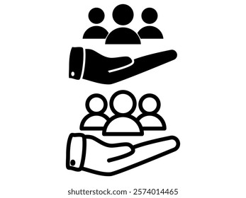 hand icon and group of people, simple flat style, pictogram logo sign symbol vector illustration, isolated on white for mobile app