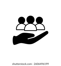 hand icon and group of people, simple flat style, pictogram logo sign symbol vector illustration, isolated on white for mobile app