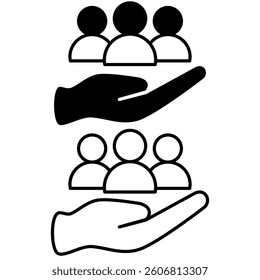 hand icon and group of people, simple flat style, pictogram logo sign symbol vector illustration, isolated on white for mobile app