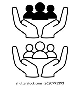 Hand-Symbol und Gruppe von Menschen, einfache flache Stil, Piktogramm Logo-Symbol Vektorgrafik, einzeln auf Weiß für mobile App