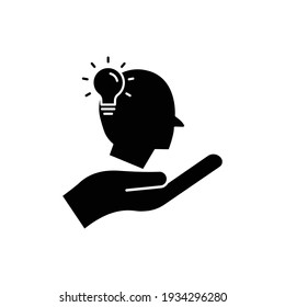 Hand icon with head and light bulb. Concept of new idea. Idea generation process. Editable stroke. Simple illustration mobile concept and web design. Design template vector