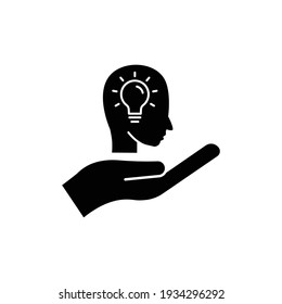 Hand icon with head and light bulb. Concept of new idea. Idea generation process. Editable stroke. Simple illustration mobile concept and web design. Design template vector