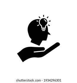Hand icon with head and light bulb. Concept of new idea. Idea generation process. Editable stroke. Simple illustration mobile concept and web design. Design template vector