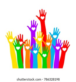 Hand icon with the heart. Colored hands vector. Iridescent hand with heart on palm, isolated on white background. Logo colored hands metaphor of choice