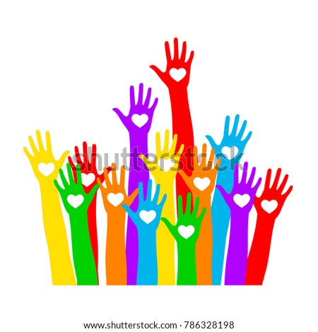 Hand icon with the heart. Colored hands vector. Iridescent hand with heart on palm, isolated on white background. Logo colored hands metaphor of choice