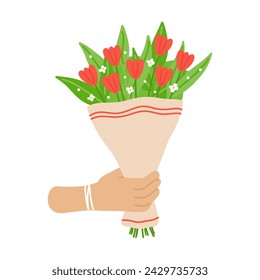Hand icon holding bouquet with tulips. Hand drawn flat cartoon element. Vector illustration