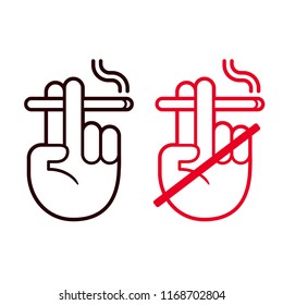 Hand icon holding cigarette, no smoking and smoking allowed sign. Vector clip art illustration set.