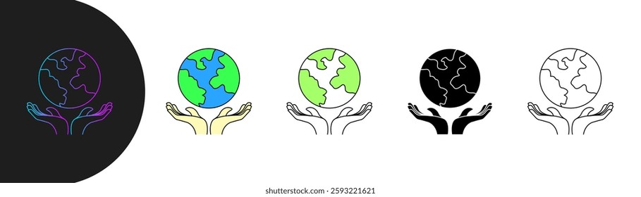 hand icon holding the earth, symbolizes global responsibility, environmental awareness, sustainability, and ecological balance. includes style, gradient, colored, outline. editable stroke