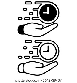 Hand Icon Holding Fast Clock, Fast Time, Fast Deadline, Stopwatch, Vector Illustration, Symbol, Design Logo Template Pictogram, For Ui or Ux Isolated On White for Mobile App, Editable