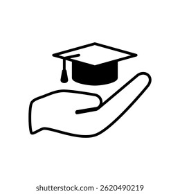 hand icon holding graduation cap, simple flat style, illustration, logo sign symbol pictogram template, for ui or ux isolated on white for mobile app, editable