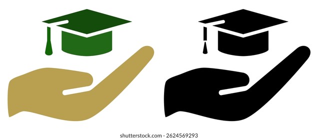 Icono de la mano que sostiene el casquillo de la graduación, estilo plano simple, ilustración, Plantilla del pictograma del símbolo de la muestra del logotipo, para UI o UX aislado en blanco para el App móvil, editable