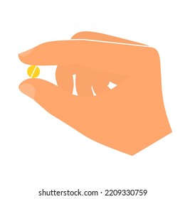 Hand icon holding medicinal pill. The doctor's finger took the yellow medicine in his hand. Great for medical care posters. Health. Medical drugs. Pharmacist. Tablet medicine. Flat vector. Isolated in