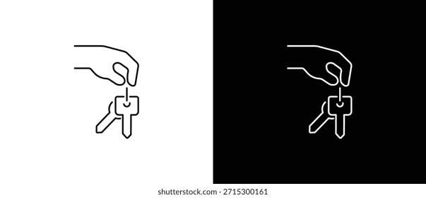 Handsymbol, das ein Schlüsselpaar hält. Schlüsselsymbol. Vektorgrafik einer Taste auf transparentem und schwarzem Hintergrund. Bearbeitbarer Rahmen.