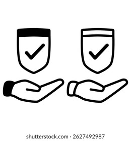 hand icon holding protective shield with check mark, person working on laptop, simple flat style, illustration, logo sign symbol pictogram template, for ui or ux isolated on white for mobile app