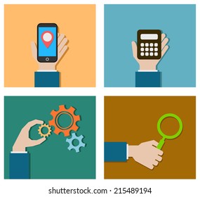 hand icon holding smartphone and gears and calculator