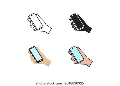 Icono de mano que sostiene la vista lateral del teléfono inteligente con estilos rellenos de contorno, silueta, dibujos animados y contorno