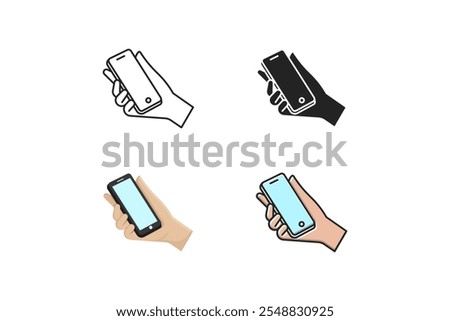 hand icon holding smartphone side view with outline, silhouette, cartoon and outline filled styles