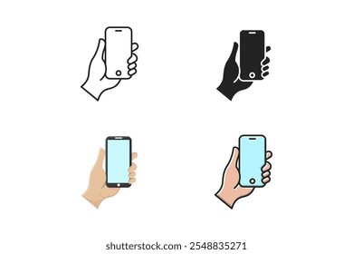 hand icon holding smartphone in various styles, outline style,flat, cartoon 