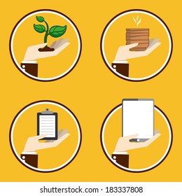 Hand icon holding with tree, tea cup, note, tablet
