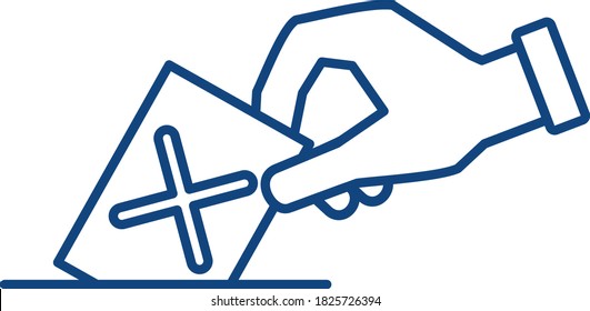 The hand icon holds the ballot paper, lowers it into the ballot box. Political elections, ballot paper at a polling station. I am against the vote. Flat infographics. Vector illustration.