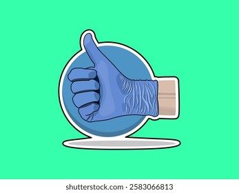 Hand icon illustration design with glove giving thumbs up gesture, gesture of success or state of control, realistic vector icon with black outline sticker style isolated on green background