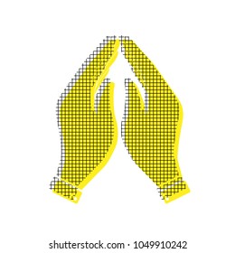Hand icon illustration. Prayer symbol. Vector. Yellow icon with square pattern duplicate at white background. Isolated.