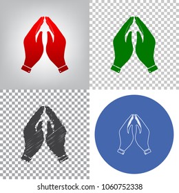 Hand icon illustration. Prayer symbol. Vector. 4 styles. Red gradient in radial lighted background, green flat and gray scribble icons on transparent and linear one in blue circle.