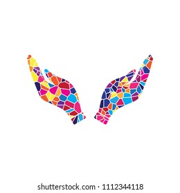 Hand icon illustration. Prayer symbol. Vector. Stained glass icon on white background. Colorful polygons. Isolated.
