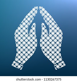 Hand icon illustration. Prayer symbol. Vector. White textured icon at lapis lazuli gradient background.