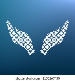 Hand icon illustration. Prayer symbol. Vector. White textured icon at lapis lazuli gradient background.