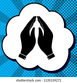 Hand icon illustration. Prayer symbol. Vector. Black icon in bubble on blue pop-art background with rays.