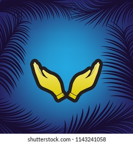 Hand icon illustration. Prayer symbol. Vector. Golden icon with black contour at blue background with branches of palm trees.