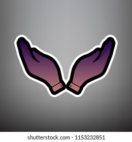 Hand icon illustration. Prayer symbol. Vector. Violet gradient icon with black and white linear edges at gray background.