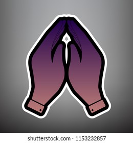 Hand icon illustration. Prayer symbol. Vector. Violet gradient icon with black and white linear edges at gray background.